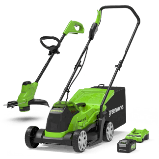 Greenworks 24V 33cm Cordless Brushless Lawnmower & 25cm Line Trimmer (4 AH Battery, 2A Charger)