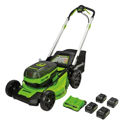Greenworks 48v 46cm Cordless Brushless 4 Slot Self Propelled Lawnmower (4 x 4ah & Dual Charger)