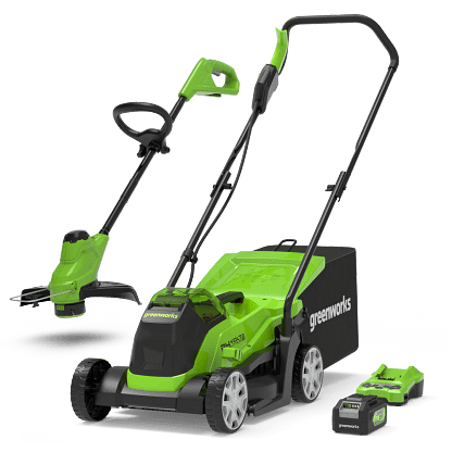 Greenworks 48V 36cm Cordless Lawnmower & 24V 25cm Line Trimmer (2 x 4AH Batteries & 4A Dual Port Charger)