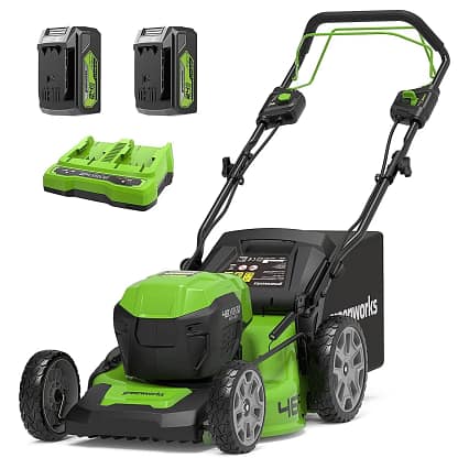 Greenworks 48v 46cm Cordless Brushless Self Propelled Lawnmower  (2 x 4 AH Batteries & 4A Dual Port Charger)